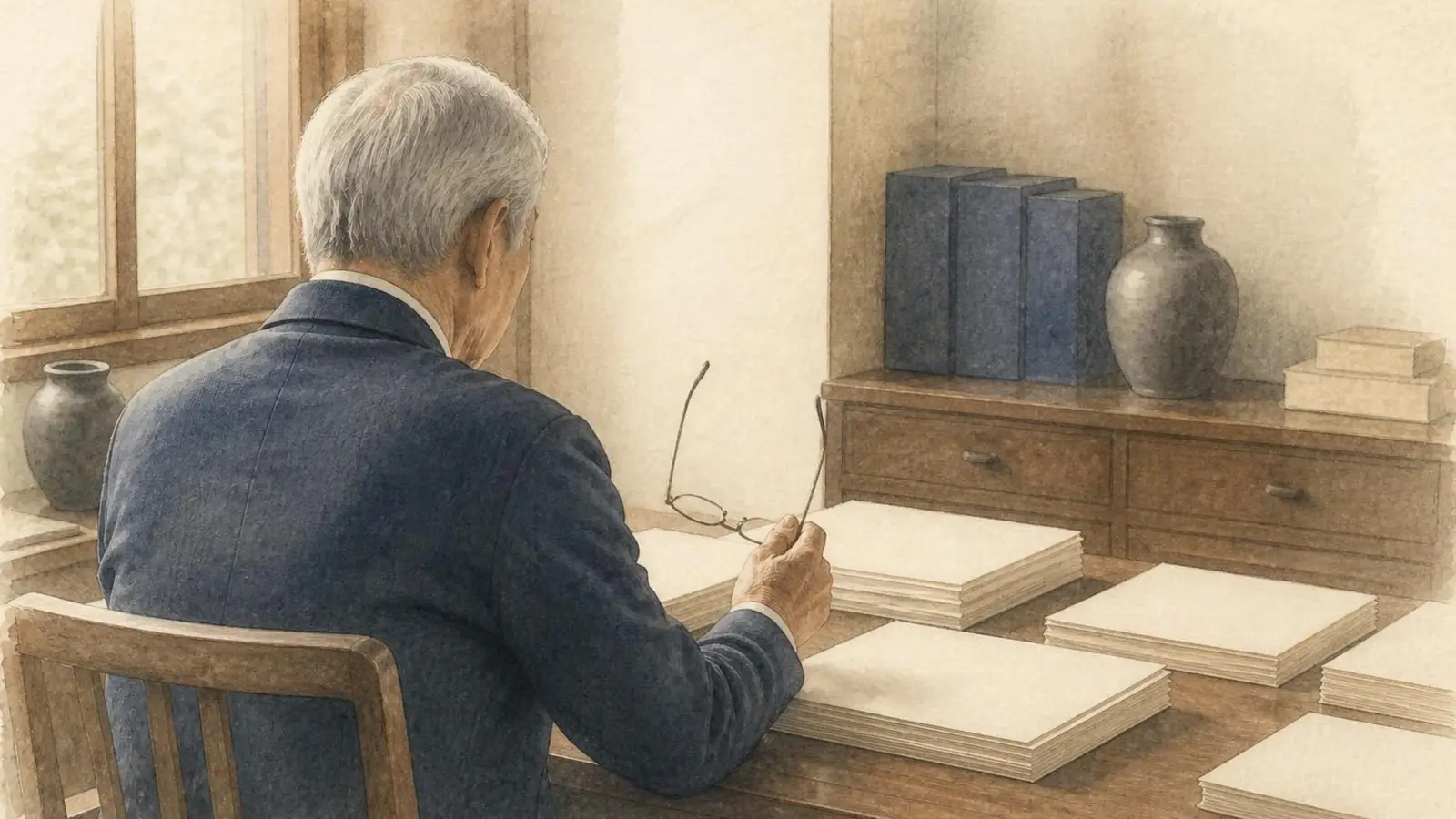 外したメガネを手に、机に並んだ書類を前に座る白髪の男性の後ろ姿